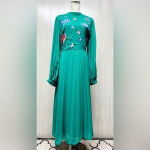 ASOS DESIGN high neck pleated long sleeve skate midi dress with embroidery